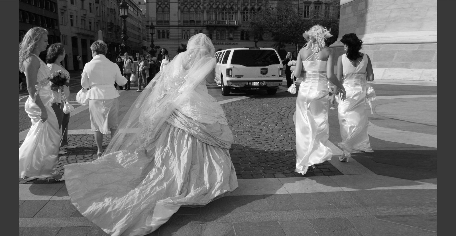 The bride and her entourage from behind, everyone admiring her stunning dress.